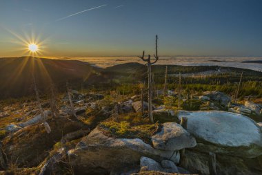 Sunrise on Plechy hill in the winter sunny cold morning in Sumava national park