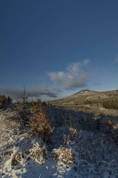 Norht Bohemia的Tolstejn城堡和Jedlova山丘冬季阳光明媚的雪景 — 图库照片