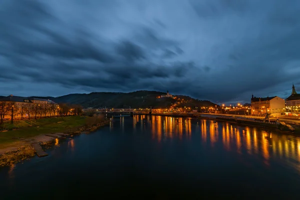 Noite Com Luzes Laranja Vale Rio Labe Perto Usti Nad — Fotografia de Stock