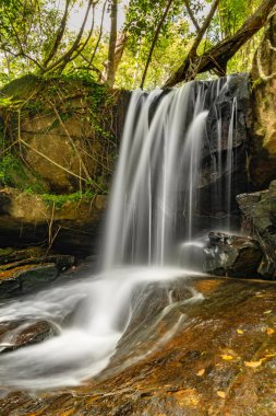 Kamboçya 'da yağmurlu ve tatlı ormanlarda beyaz suyla şelale Kbal Spean