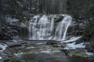 Krkonose Ulusal Parkı 'ndaki Harrachov kasabası yakınlarında Mumlavske şelaleleri ile soğuk bir bahar sabahı.