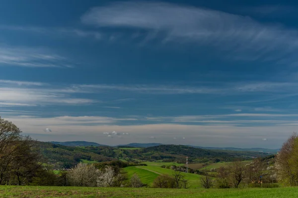 Prados Árvores Perto Homole Aldeia Primavera Ensolarado Manhã Fresca Leste — Fotografia de Stock