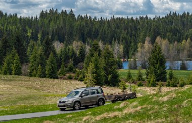 Hızlı araba ilkbaharda gün doğumu ormanında ıslak siyah yolda sabah yağmurundan sonra