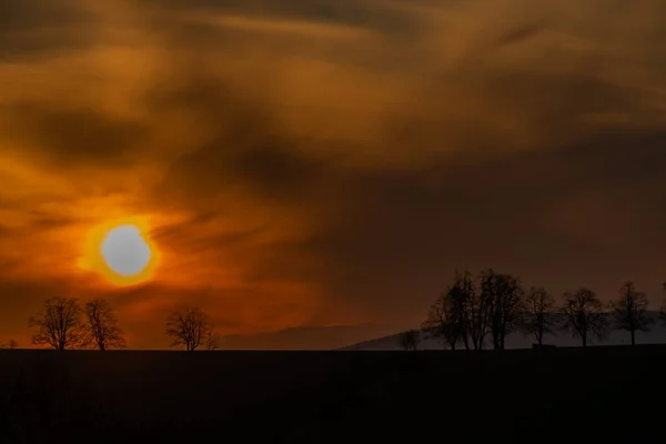 Blick Auf Den Sonnenuntergang Dorf Roprachtice Riesengebirge Frühling Schönen Abend — Stockfoto