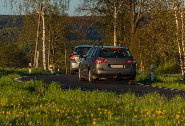 Cars Black Road Birch Trees Dandelions Color Sunset Spring Evening — Stock Photo, Image