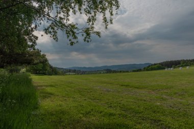 Bahar günü Sumava dağlarındaki Vacov ve Ckyne kasabaları arasındaki çayırlar ve tarlalar