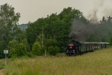 Prag 'ın güneyindeki Sazava nehri yakınlarındaki buharlı tren kara yaz bulutlu bir günde.