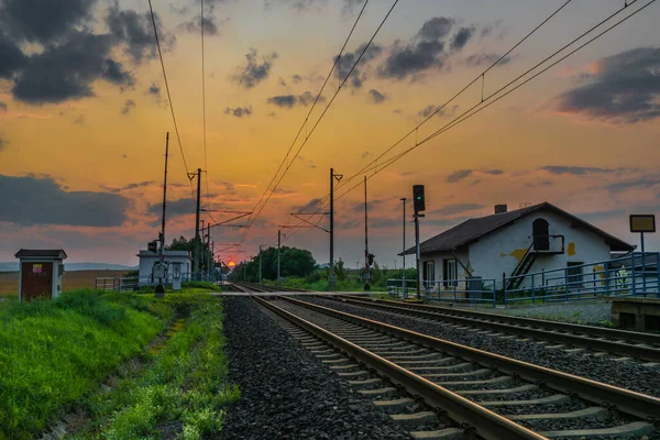 Trains Small Whistle Stop Olesko Central Bohemia Sunset Orange Evening — Stock Photo, Image