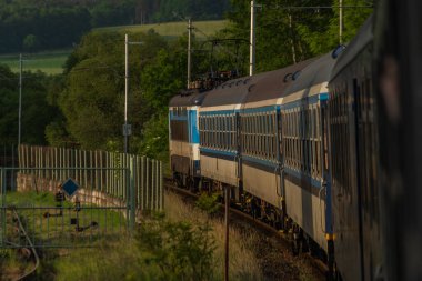 Güneşin doğduğu sabah renk saatinde Plzen kasabası yakınlarındaki mavi czech trenleri