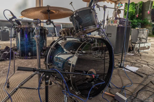 Drums Stage Chrudim Town Punk Festival Cymbals Silver Stands — Fotografia de Stock