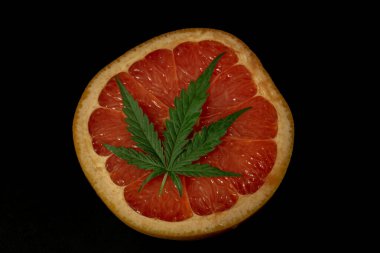 Kırmızı greyfurt ve taze koyu yeşil marihuana çiçeği yaprağı.