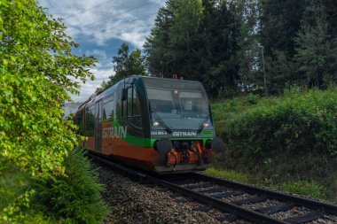 Ulusal park Sumava 'da demiryolu. Renkli yeşil ormanlar ve çayırlar.