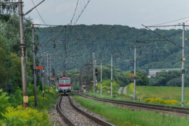 Kırmızı elektrikli lokomotifli yolcu treni ve yaz akşamları kırmızı yolcu vagonları.