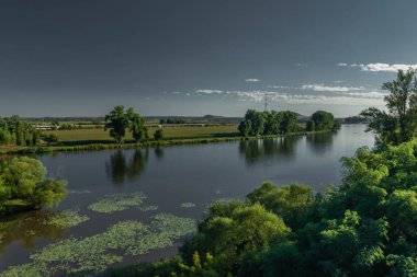 Yaz akşamında Labe nehri üzerindeki Litomerice kasabasının yakınındaki yol köprüsünden görüntü