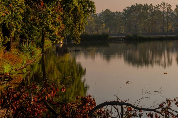 Estanque Otoño Por Mañana Cerca Ciudad Ceske Budejovice Con Luz — Foto de Stock