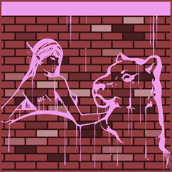 Illustration d'une fille avec une panthère. Imitation de graffitis sur le mur — Image vectorielle