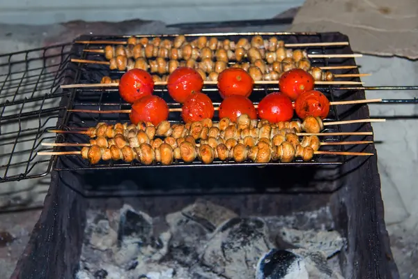 Tomates cereja e cogumelos em espetos grelhados — Fotografia de Stock