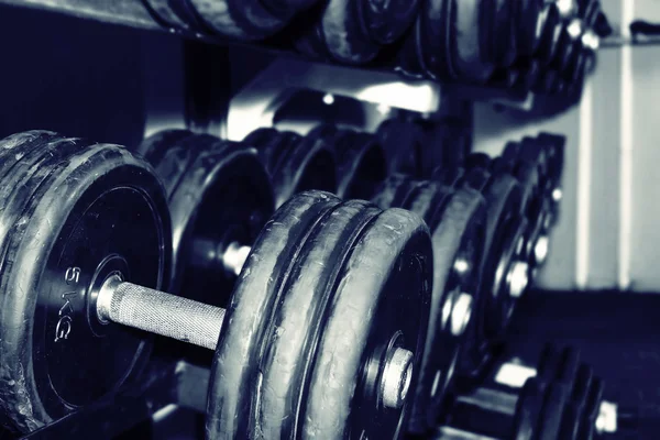 Dumbbells esportivos em um ginásio — Fotografia de Stock