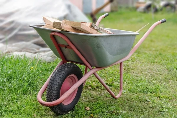 Metal wagon with the wood in the vegetable garden — Stock Photo, Image