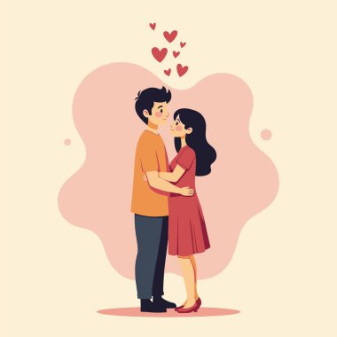 Genç mutlu çift sarılıp öpüşüyor. Vektör çizimi. Düz stil. Aşk ve Sevgililer Günü kartı.