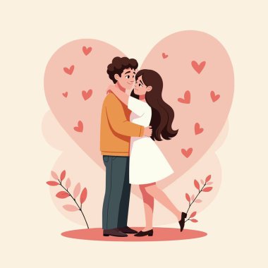 Genç mutlu çift sevgililer gününü kutluyor. vektör düz illüstrasyon