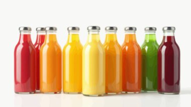 Beyaz arka planda taze meyve suları olan renkli şişeler.