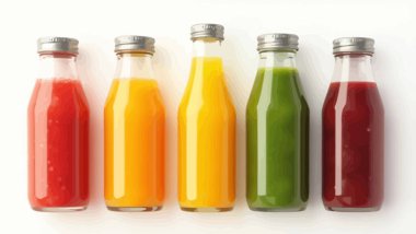 Beyaz arka planda farklı meyve suları şişeleri