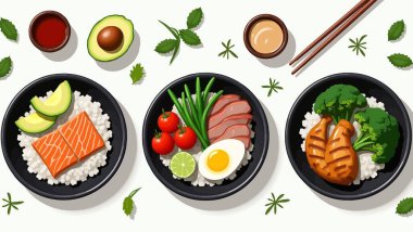 Beyaz arka planda farklı Japon yemekleri.