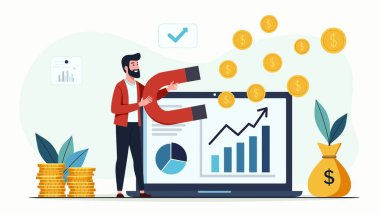 Ofiste çalışan iş adamı, iş adamı ve finans. Vektör çizimi. düz tasarım biçimi.