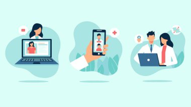 Mobil uygulama, tıbbi danışma ve sağlık hizmetleri için düz tasarım çizimi. Cep telefonu ve tableti olan doktor ve hasta.