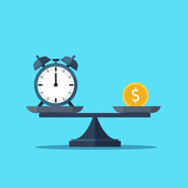 İş zamanı ve para ikonu. Web tasarımı için zaman ve para vektör simgesinin düz çizimi