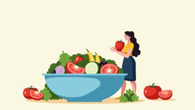 Kadın kasede taze sebze yiyor.