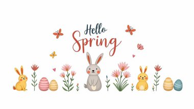 Güzel tavşanlı, çiçekli, yumurtalı, yapraklı ve bahar çiçekli mutlu paskalya kartı şablonu. Bahar çiçekleri, Paskalya tebrik kartı, afiş