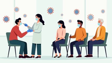 bir grup tıbbi maske ve maskeli vektör illüstrasyon tasarımı