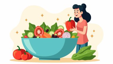 Sağlıklı organik yiyecekleri olan bir kadın. vektör illüstrasyonu.