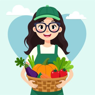 Gülümseyen çiftçi kadın elinde sebzelerle bir sepet tutuyor