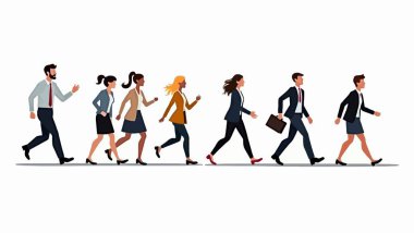 İş ekibi, iş kadını ve iş kadını, iş adamı ve iş adamı birlikte koşuyorlar, yürüyorlar, işyeri ve çalışıyorlar, düz çizgi film çizimleri beyaz arka planda izole edilmiş.