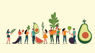 Farklı meyve ve sebzeleri olan insanlar, sağlıklı yiyecekler ve vejetaryen yiyecekler..