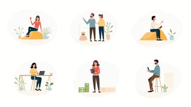 Dizüstü bilgisayarlarla çalışan bir grup insan. vektör düz tasarım çizimi.