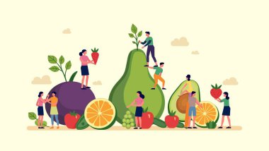 İnsanların ve yiyeceklerin düz tasarım çizimi