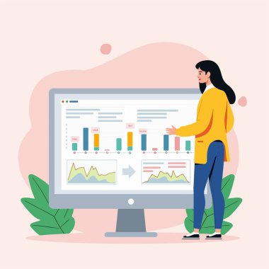 Dizüstü bilgisayarda çalışan kadın, vektör çizimi