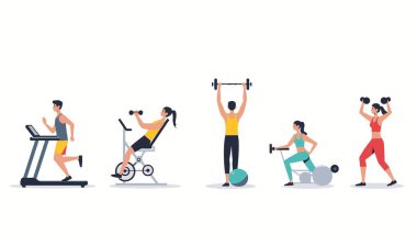 Spor salonu vektör illüstrasyonunda egzersiz yapan insanlar