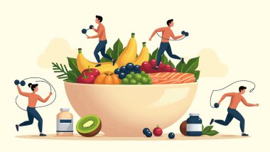 Elinde yemek olan bir adamın düz kompozisyonu. vektör illüstrasyonu