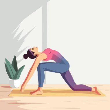 Kadın minderde yoga pozu veriyor. Düz çizim.