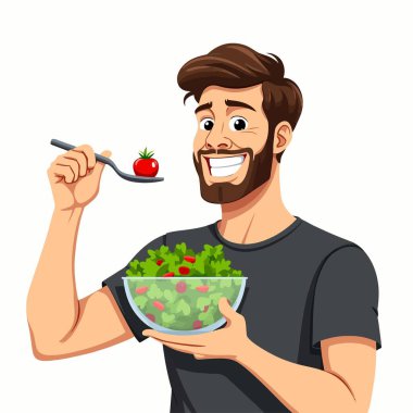 Salata yiyen genç bir adam. Bir kâse salatalı adamın karikatür çizimi.