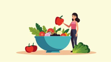 Mutfak vektör çiziminde sağlıklı sebzeleri olan genç bir kadın.