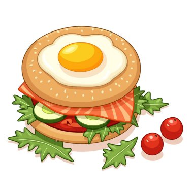 Beyaz arkaplanda sahanda yumurtalı hamburger.