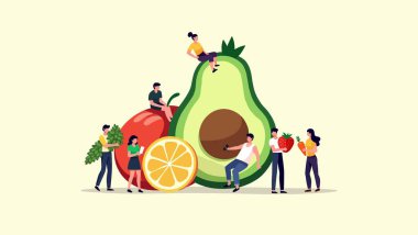 Meyveli bir grup insanın vektör çizimi