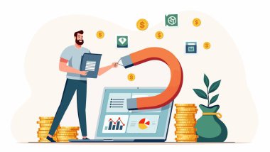 Dizüstü bilgisayar ve parayla çalışan iş adamları.