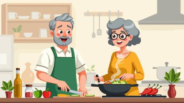 Yaşlı çift birlikte yemek pişiriyor. Mutfaktaki mutlu çift. Mutfaktaki yaşlı insanlar. vektör illüstrasyonu.